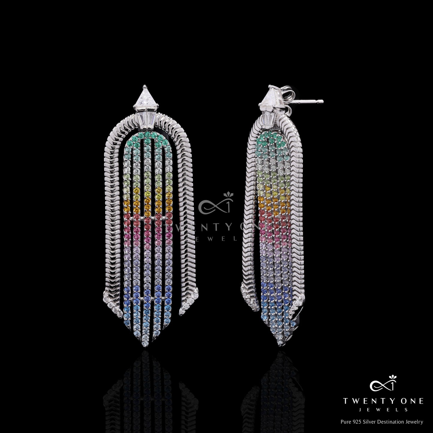 Premium Fancy Rainbow Diamond Delina Party Earrings on Pure 925 Silver