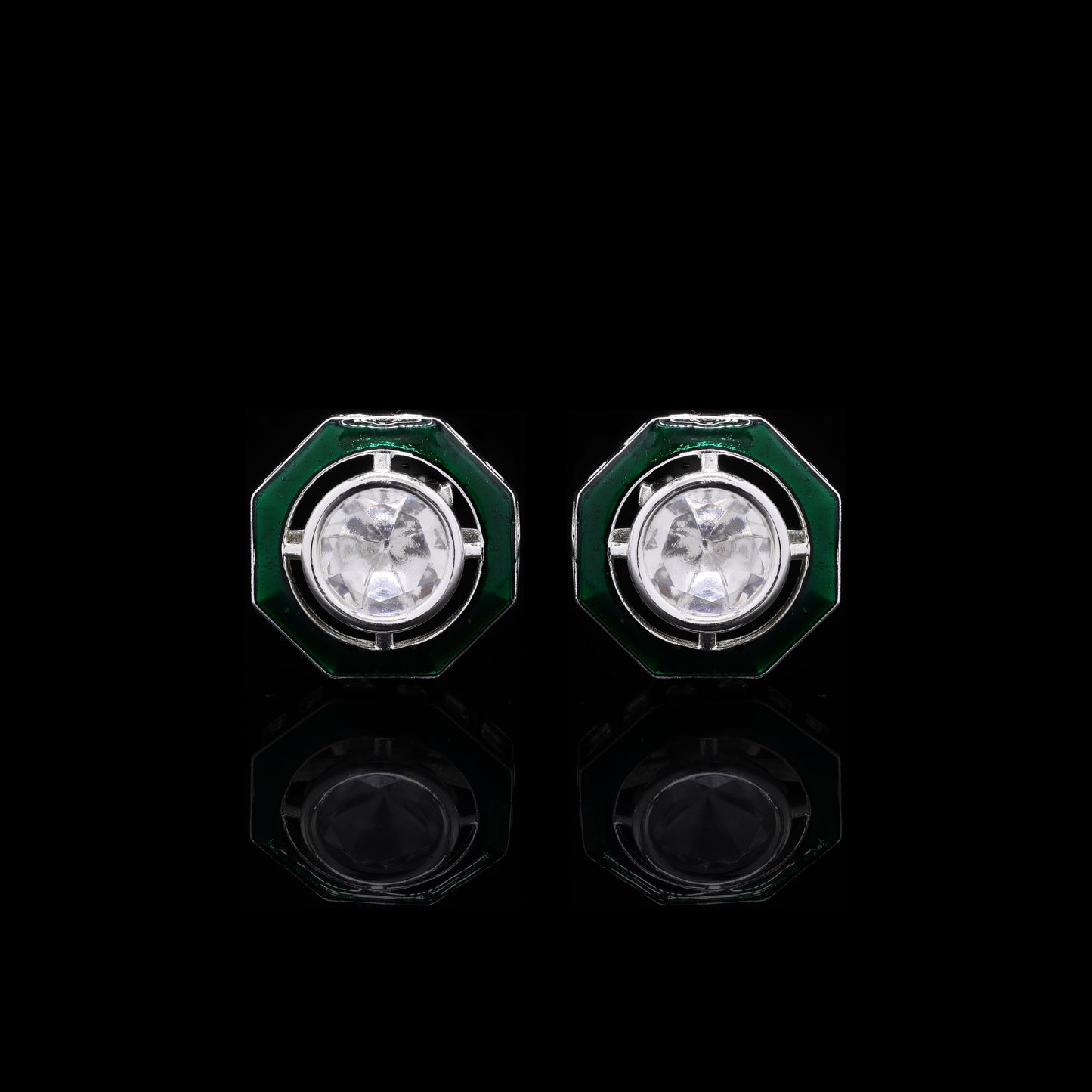 Green Enamel Bezel Setting Diamond White Gold Finish Mens Cuff Links Success