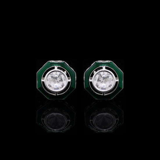 Green Enamel Bezel Setting Diamond White Gold Finish Mens Cuff Links Success
