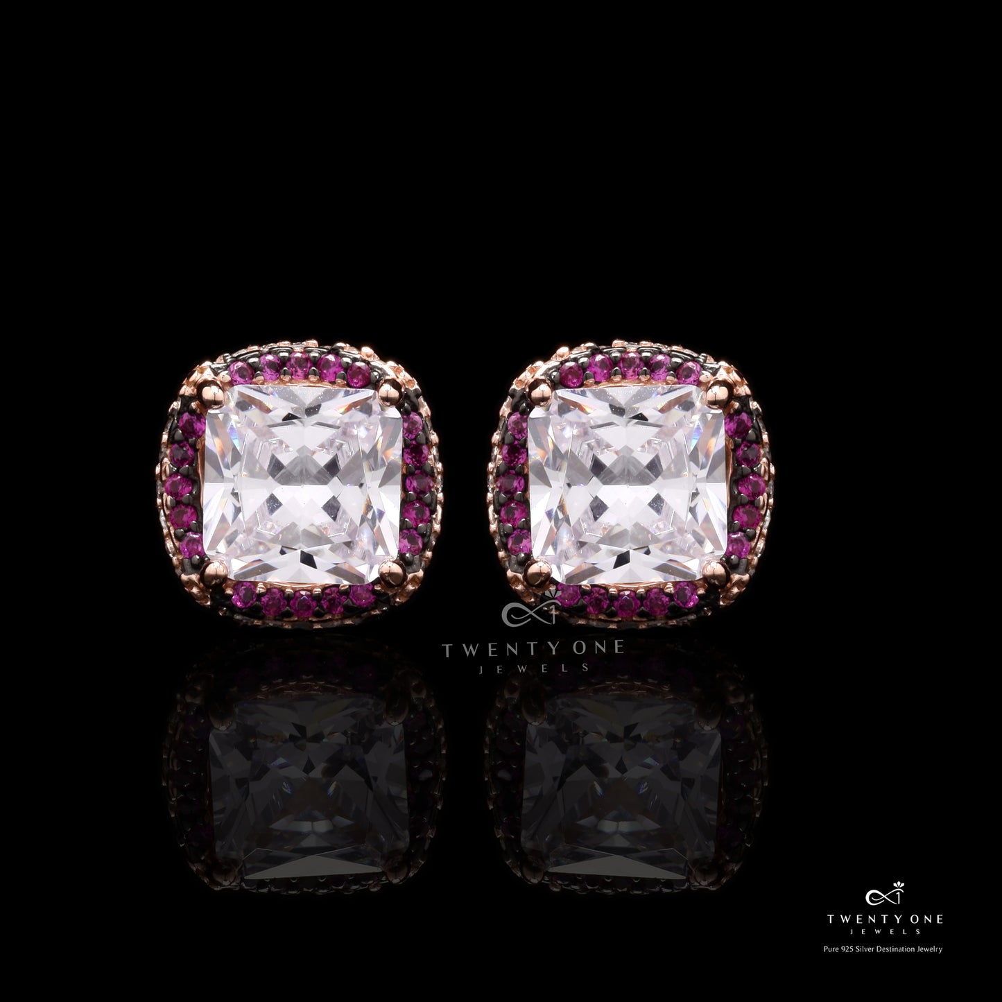 Rose Gold with Ruby Diamond Studded Roza Studs On 925 Silver
