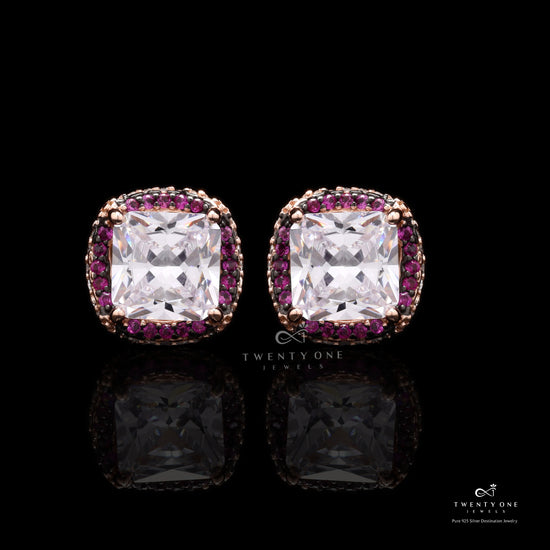 Rose Gold with Ruby Diamond Studded Roza Studs On 925 Silver