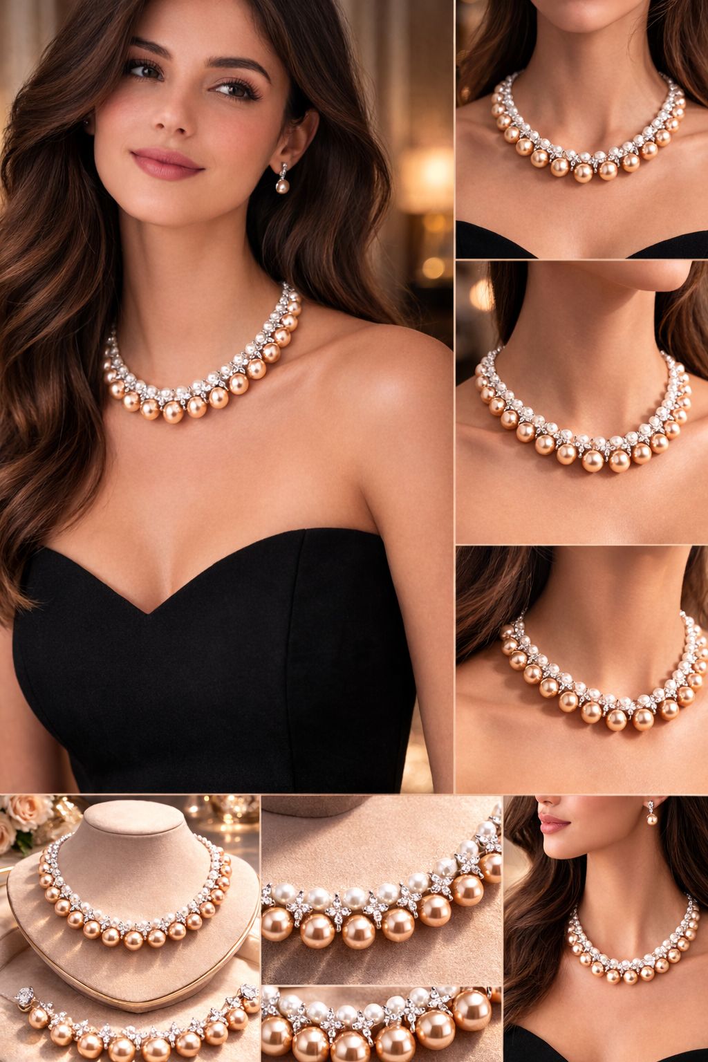 TOJ Everyday - Chocolate Brown Natural Fresh Water Pearl and Diamond Premium Choker Necklace Set for Women