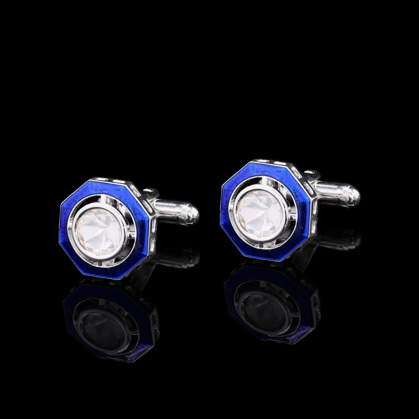 TOJ Everyday - Glazed Blue Enamel Bezel Setting Polki Mens Cufflink Pair