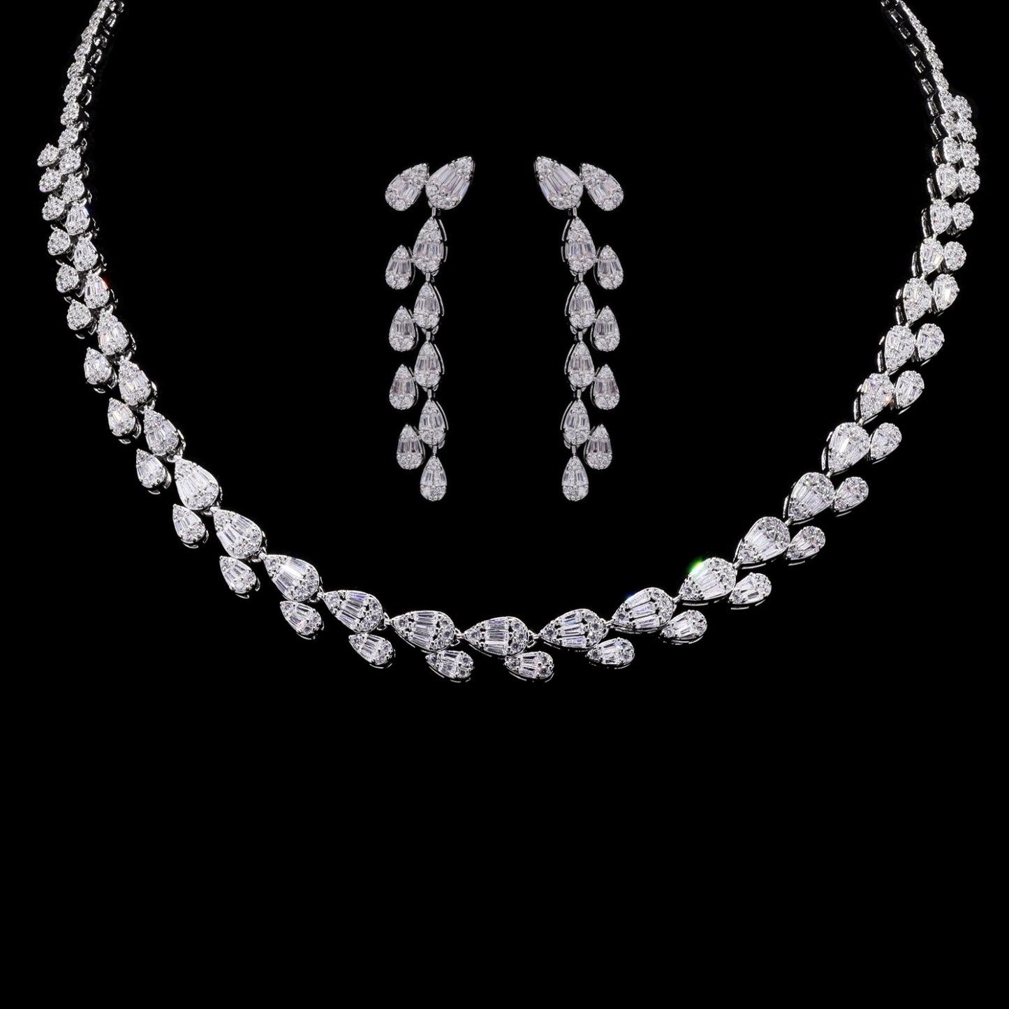 TOJ Everyday - Premium Drop Shaped Octa Pressure Setting Necklace Set with Earrings.