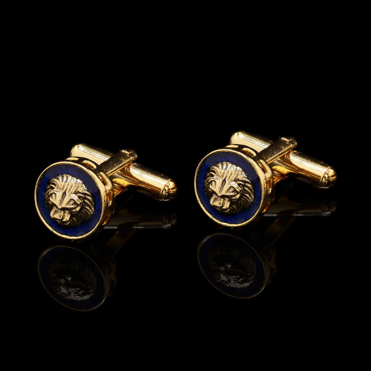 TOJ Everyday - Navy Blue Enamel Gold Finish Lion Face Cufflink Pair
