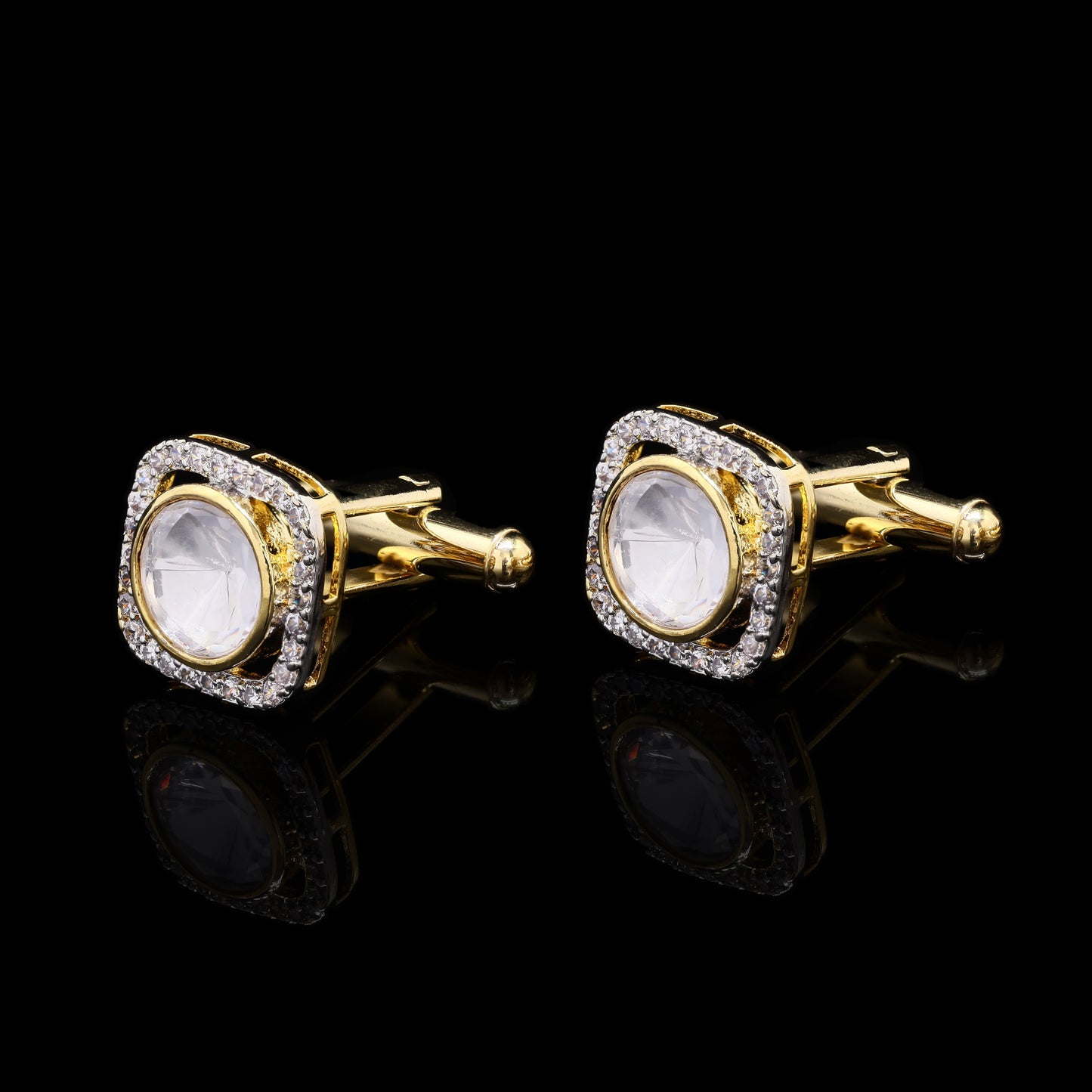 TOJ Everyday - Square Gold Finish Polki Diamond Mens Cufflink with Diamond Cluster