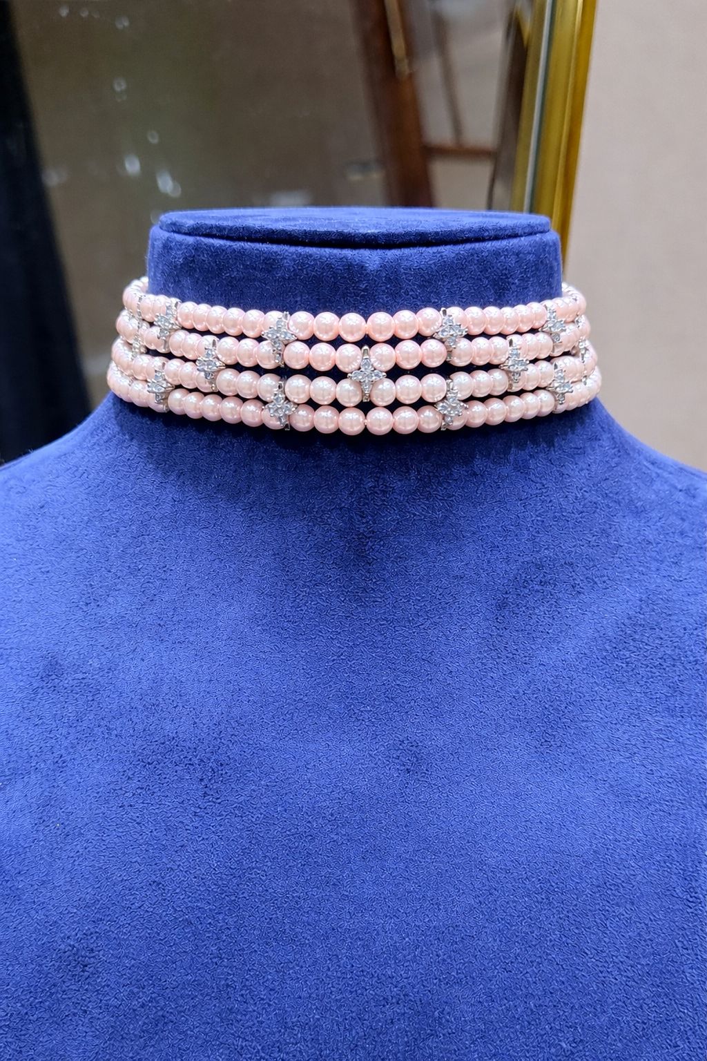 TOJ Everyday - Four Line Pink Natural Fresh Water Pearl Choker Necklace with American Diamonds for Women