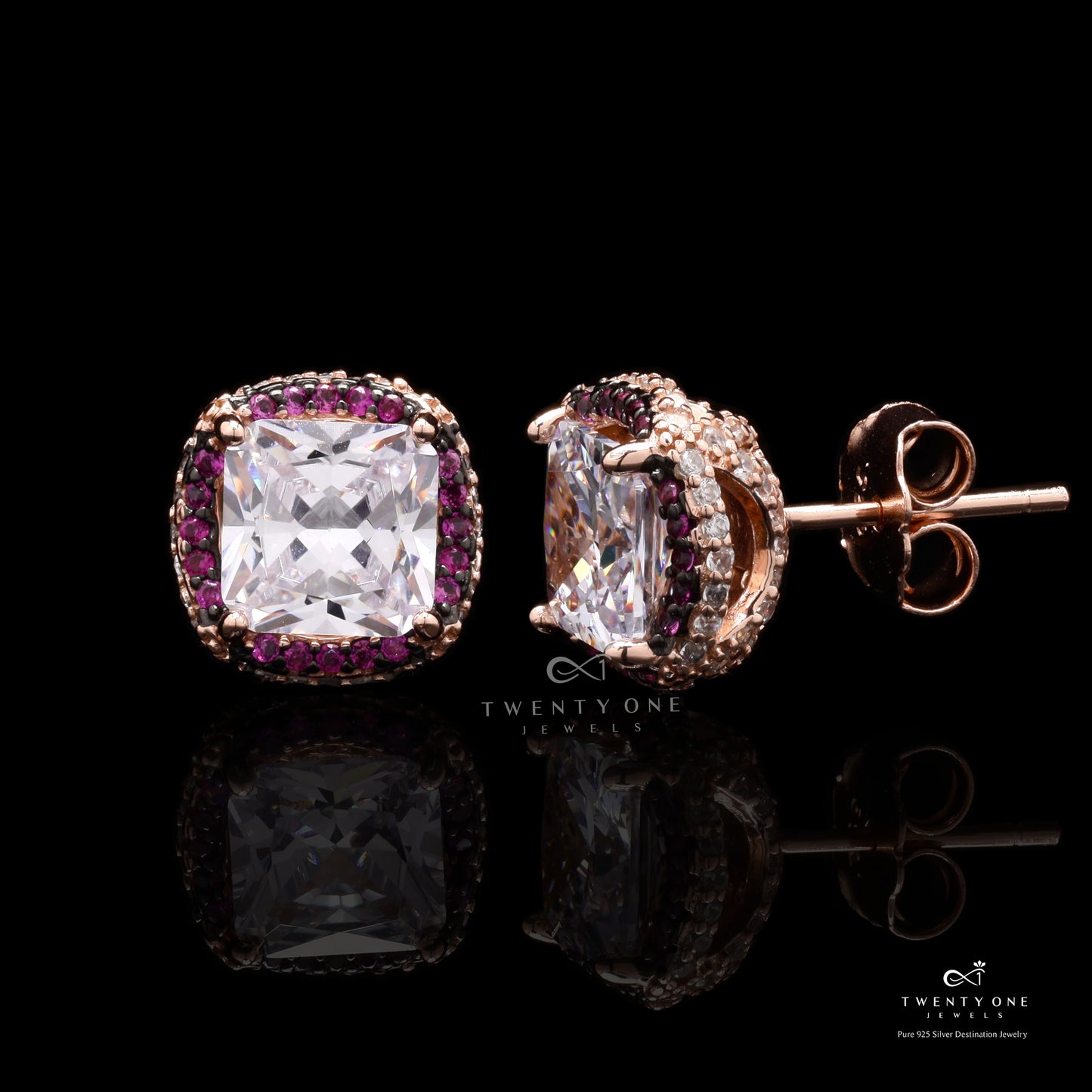 Rose Gold with Ruby Diamond Studded Roza Studs On 925 Silver