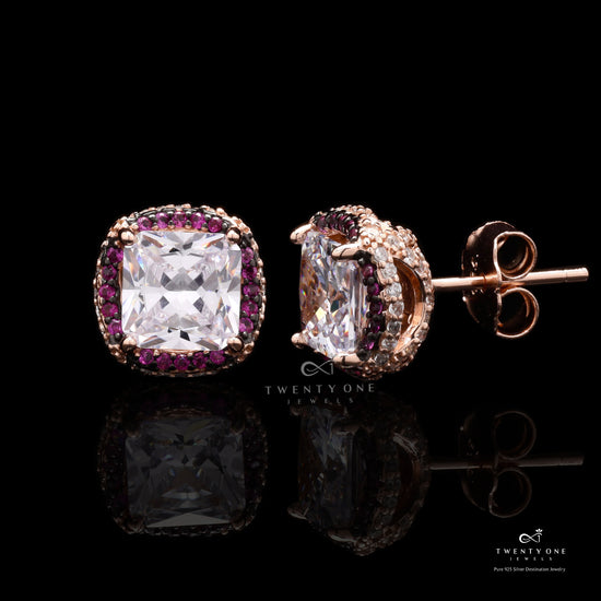 Rose Gold with Ruby Diamond Studded Roza Studs On 925 Silver
