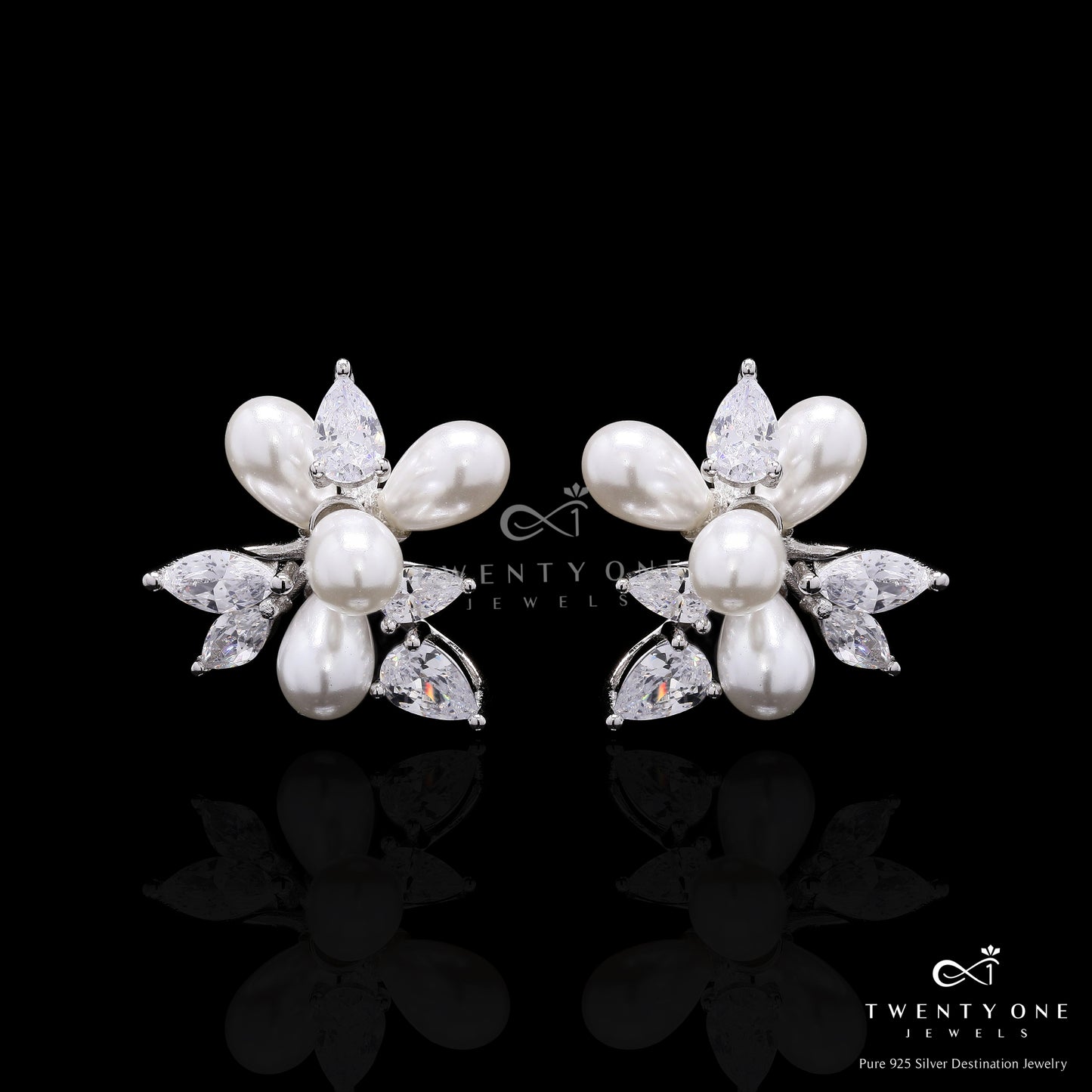 Ultra Premium Fresh Water Pearl Statement Cocktail Studs with Marquise and Drop Solitaire Diamonds on Pure 925 Silver