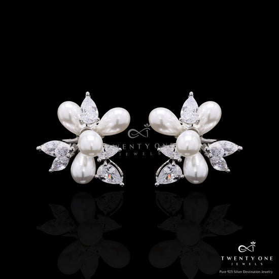 Ultra Premium Fresh Water Pearl Statement Cocktail Studs with Marquise and Drop Solitaire Diamonds on Pure 925 Silver