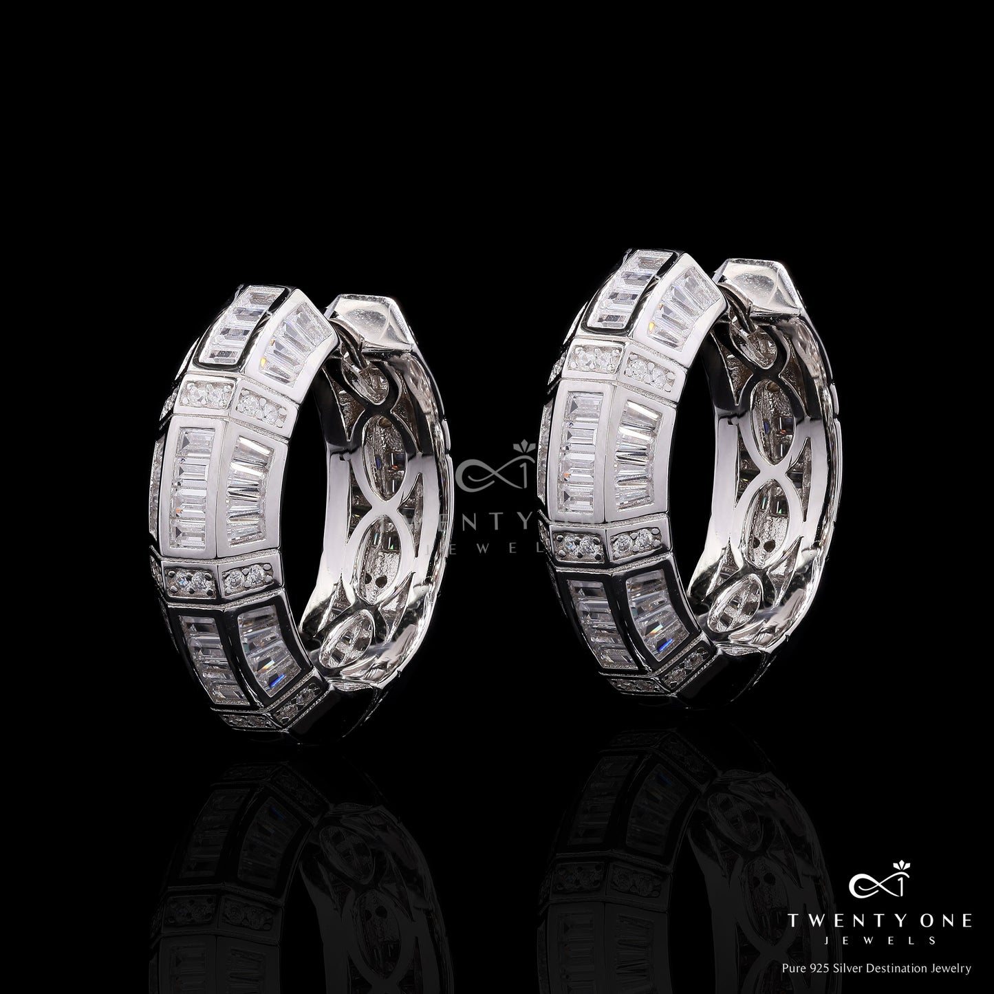 Premium Chunky Broad Solid Silver Hoops with American Diamond Baguettes on Pure 925 Silver