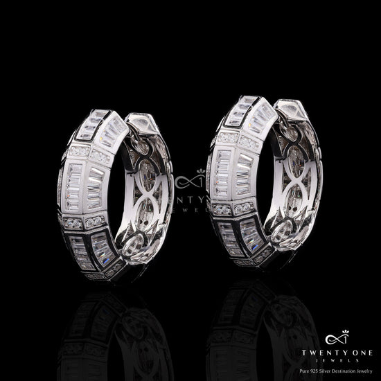 Premium Chunky Broad Solid Silver Hoops with American Diamond Baguettes on Pure 925 Silver