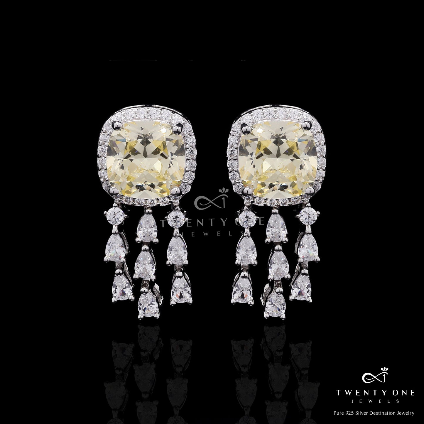Premium Petite 2 Carat Yellow Diamond Cushion Cut Solitaire Danglers with Drops on Pure 925 Silver