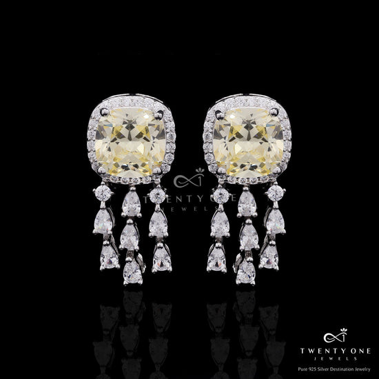 Premium Petite 2 Carat Yellow Diamond Cushion Cut Solitaire Danglers with Drops on Pure 925 Silver