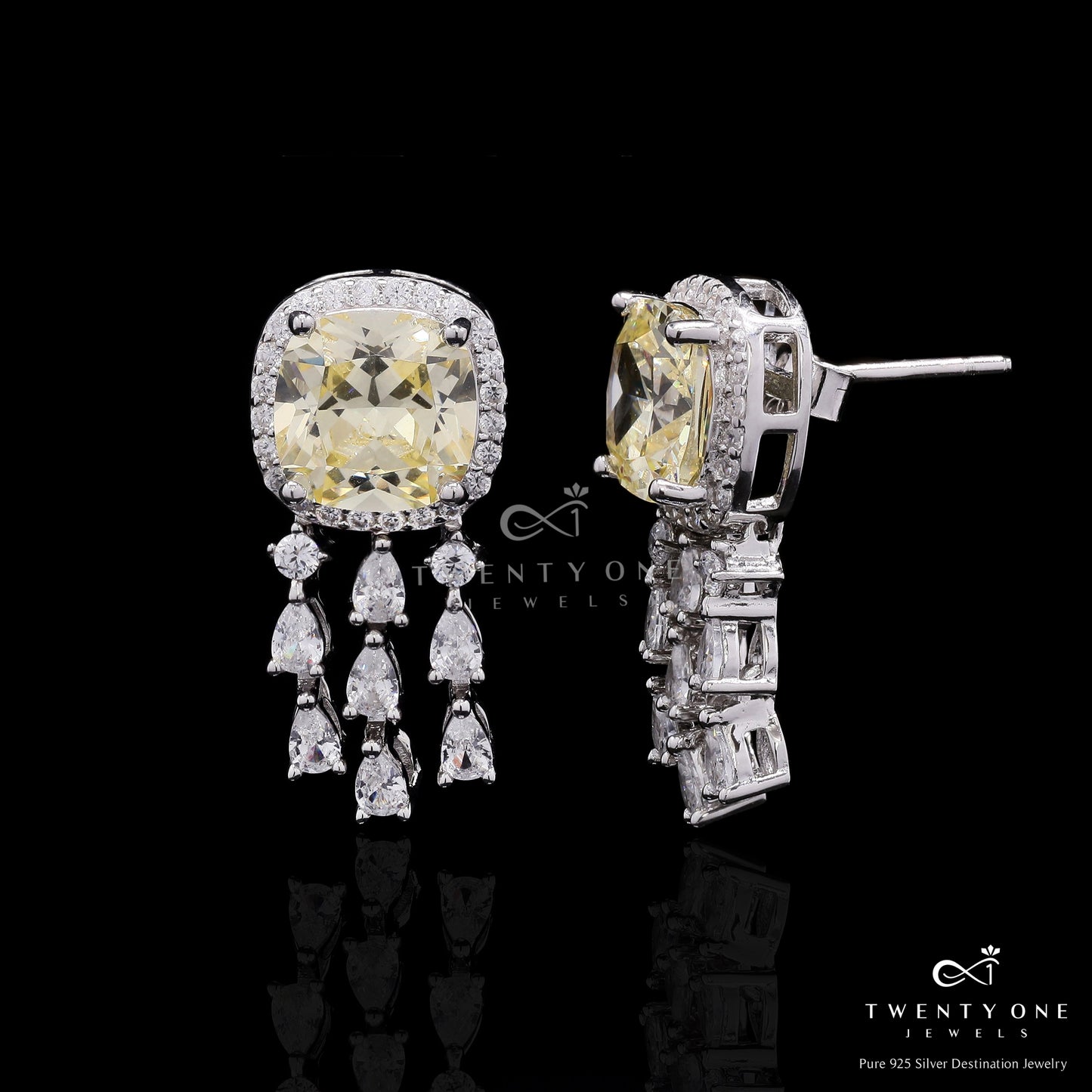 Premium Petite 2 Carat Yellow Diamond Cushion Cut Solitaire Danglers with Drops on Pure 925 Silver