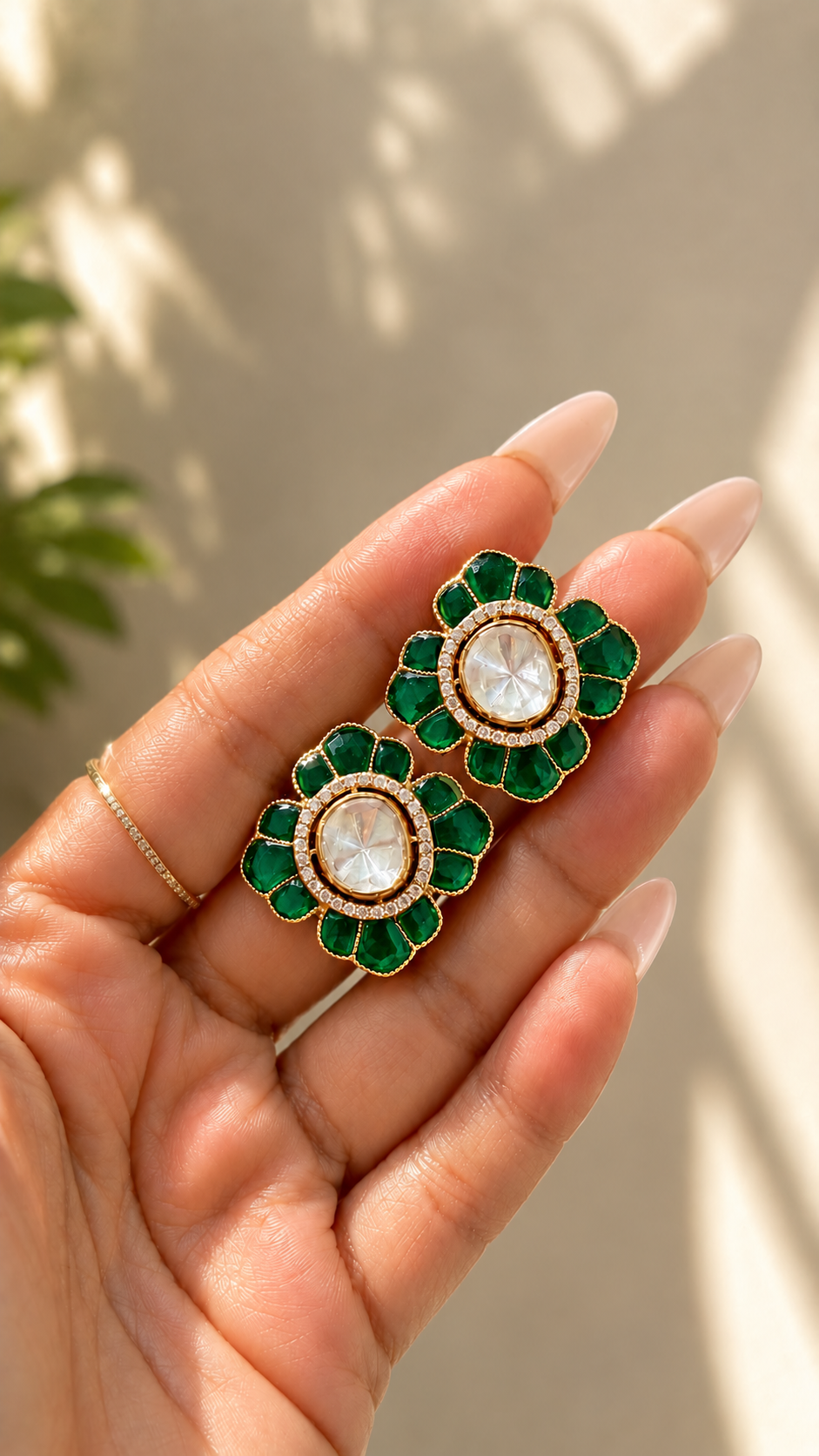 Pure Silver 2 Carat Polki Pair with Intricate Green Petals