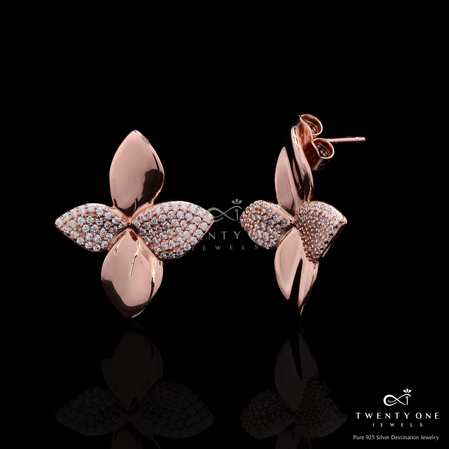 Ultra Premium Rose Gold Finish American Diamond Studded Quirky Flower Stud Earrings on Pure 925 Silver