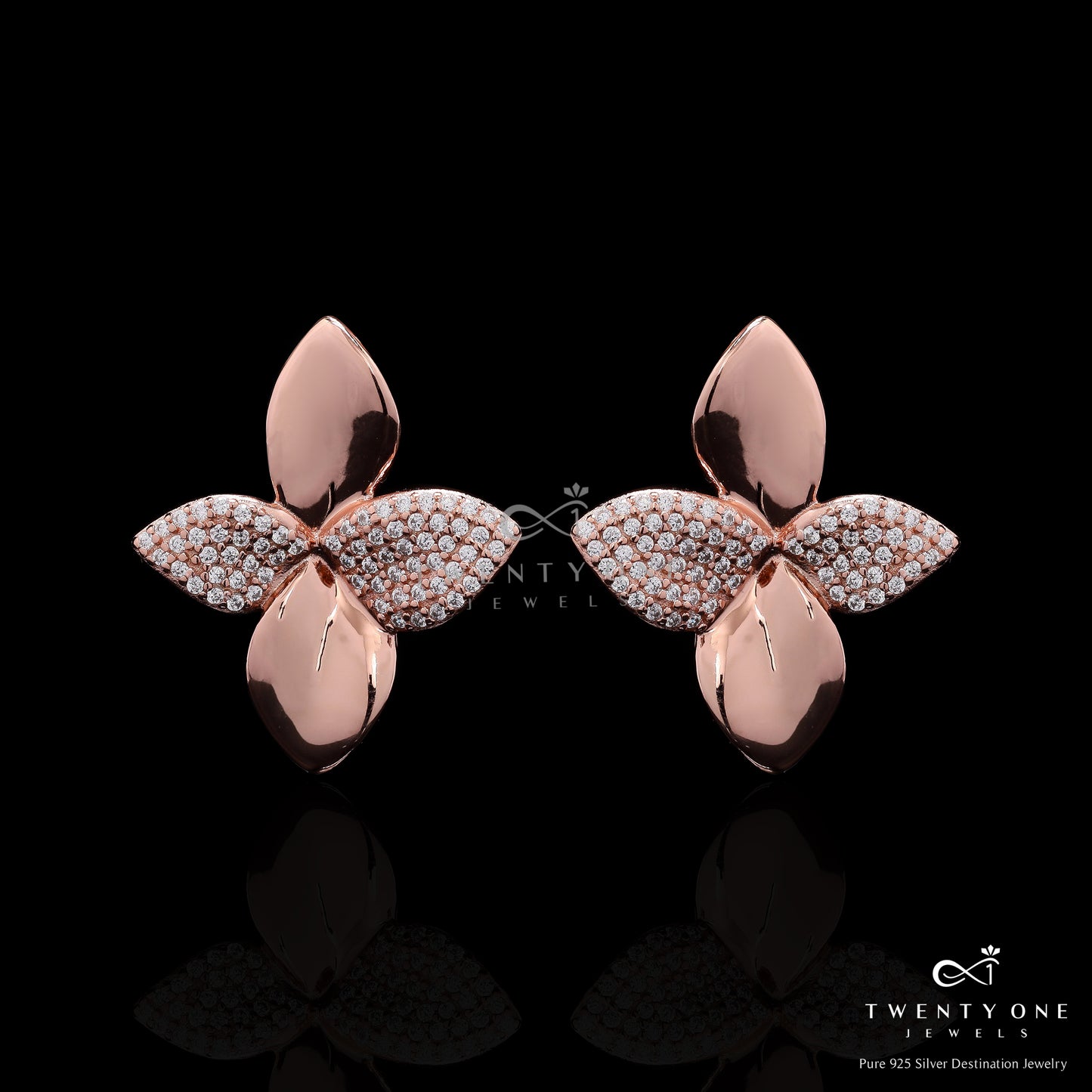 Ultra Premium Rose Gold Finish American Diamond Studded Quirky Flower Stud Earrings on Pure 925 Silver