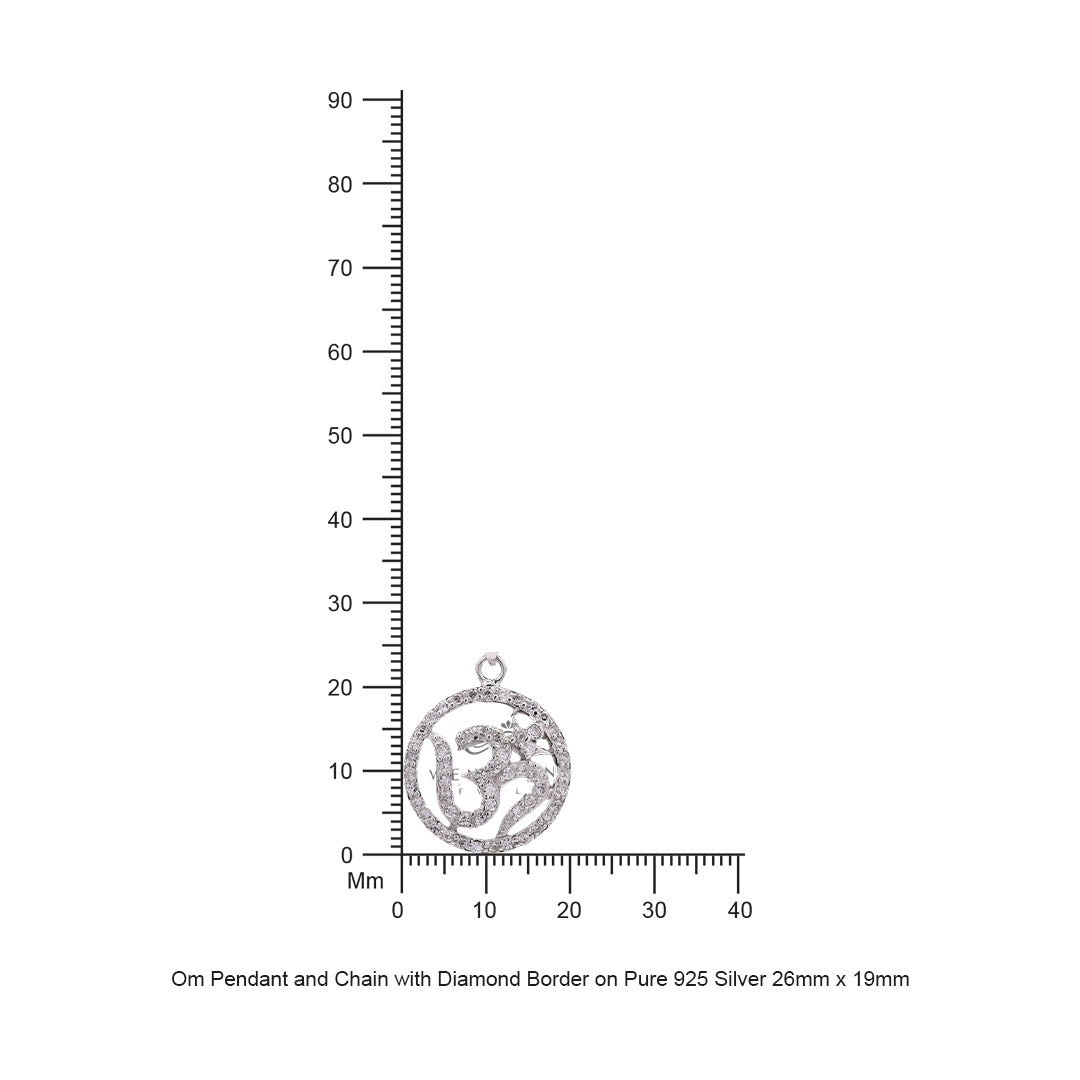 Om Pendant and Chain with Diamond Border on Pure 925 Silver