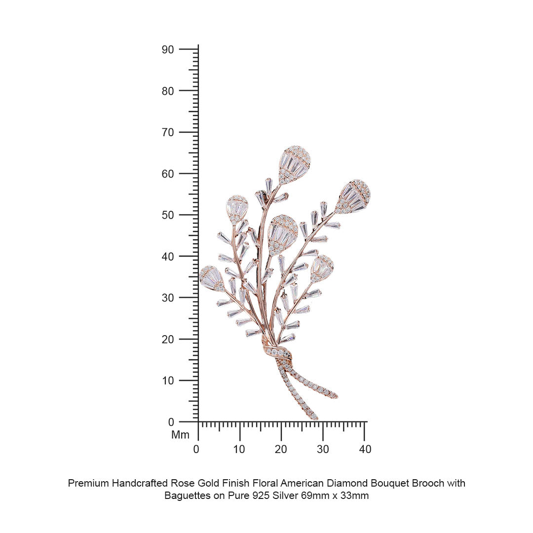 Premium Handcrafted Rose Gold Finish Floral American Diamond Bouquet Brooch with Baguettes on Pure 925 Silver