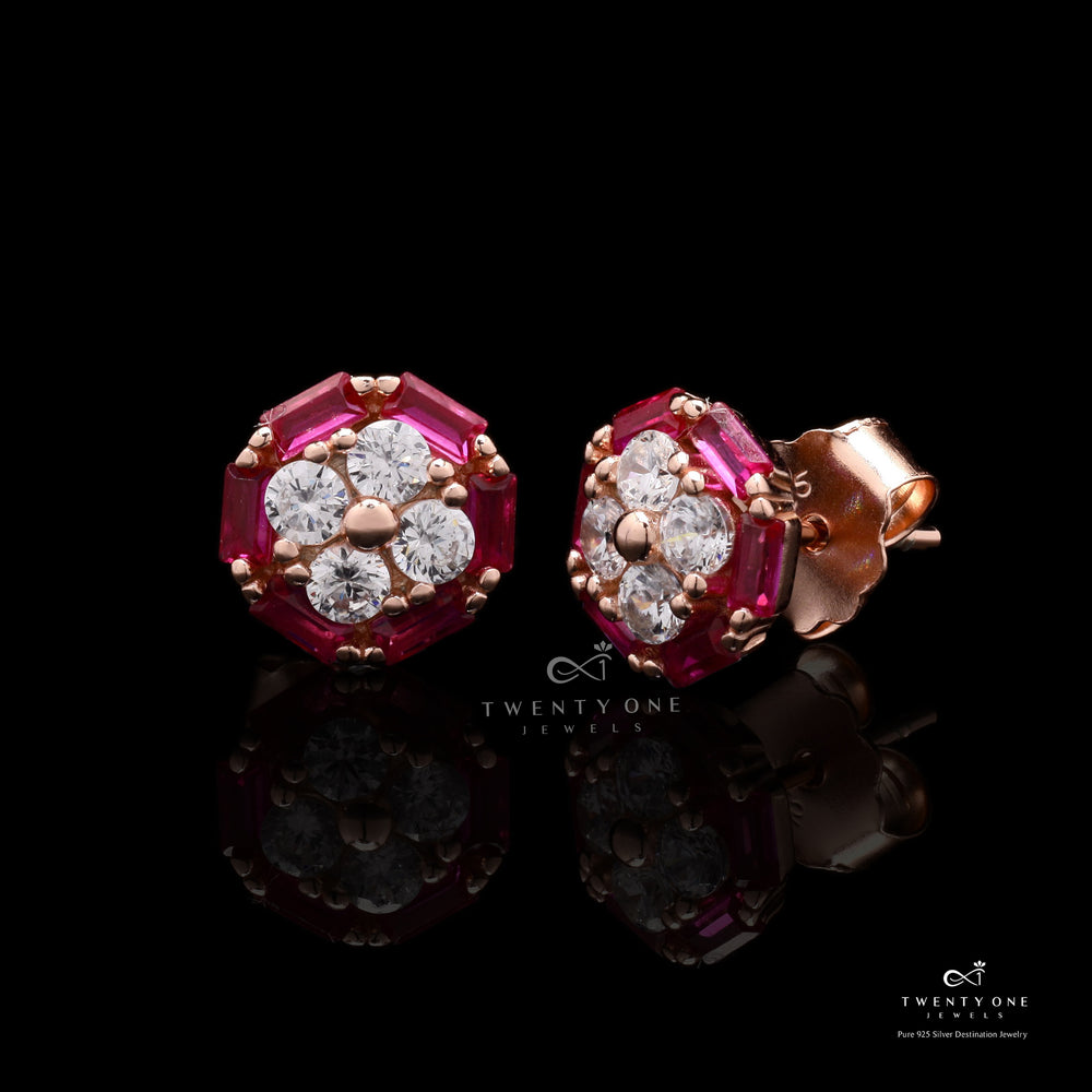 Rose Gold Ruby Diamond Studded Ariana Studs On 925 Silver