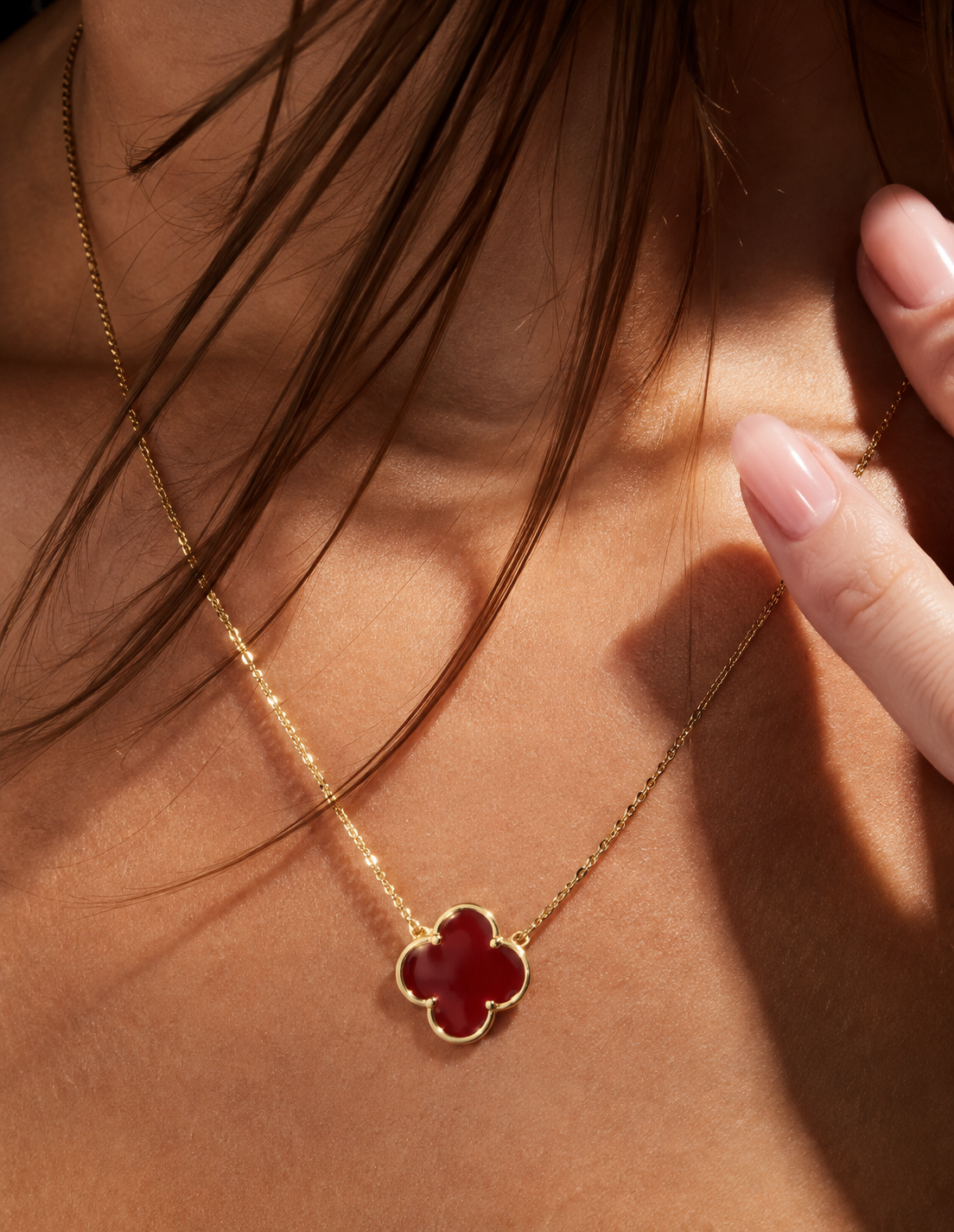 Pure 925 Silver Gold Finish Red Rouge Clover Pendant with Chain | Twenty One Jewels