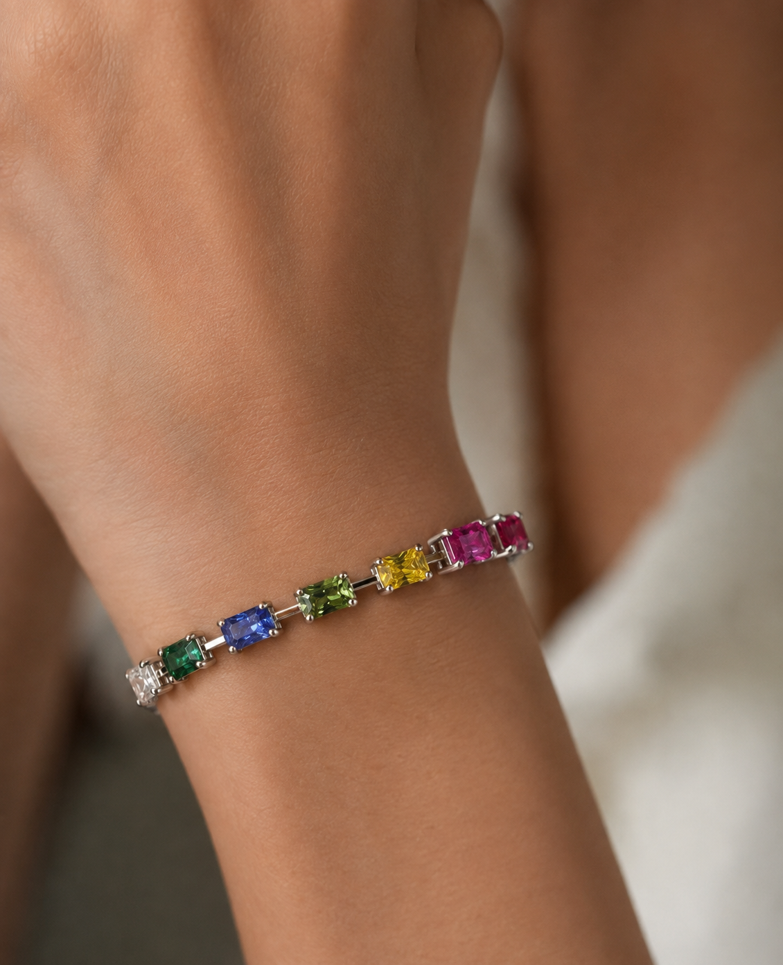 Ultra Premium Emerald Cut Solitaire Rainbow Tennis Bracelet on Pure 925 Silver