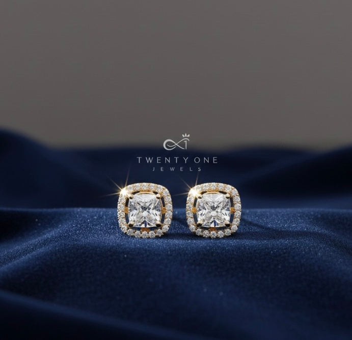 1.3 Carat Cushion Cut Katy Pure 925 Silver Solitaire Studs with Premium Screw Backs - 18k Gold Finish