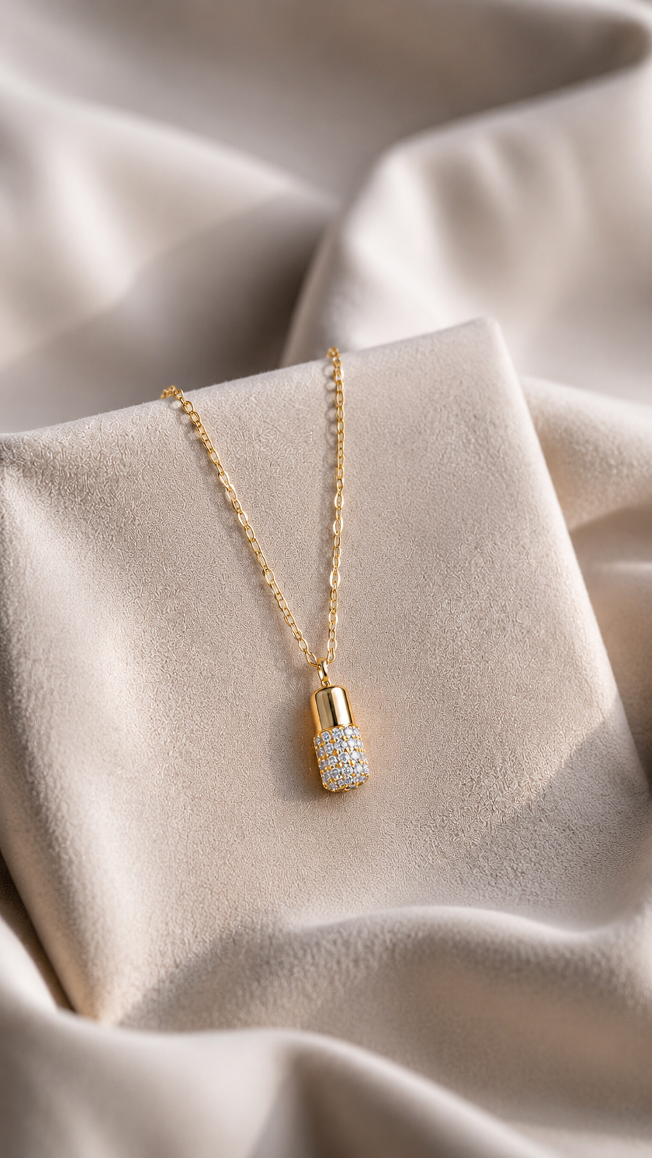 18k Gold Finish Diamond Studded Capsule Pendant with Chain on Pure 925 Silver