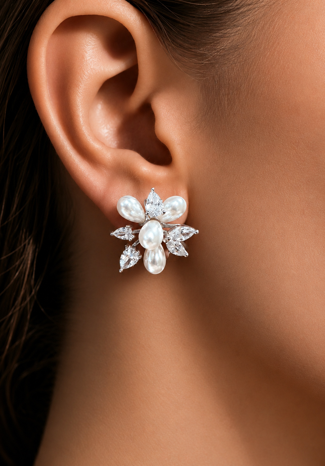 Ultra Premium Fresh Water Pearl Statement Cocktail Studs with Marquise and Drop Solitaire Diamonds on Pure 925 Silver