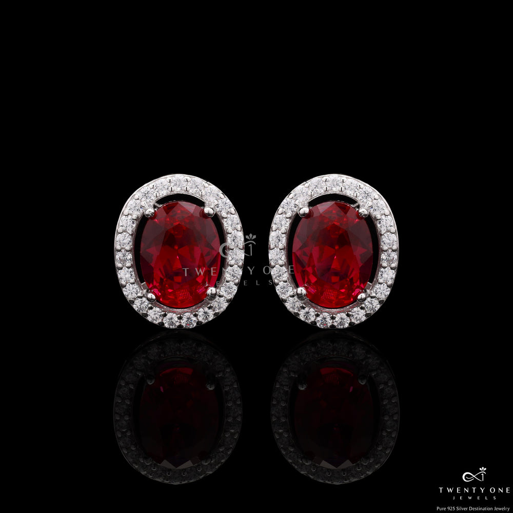 Diamond Oval Ruby Solitaire Amana Studs on 925 Silver