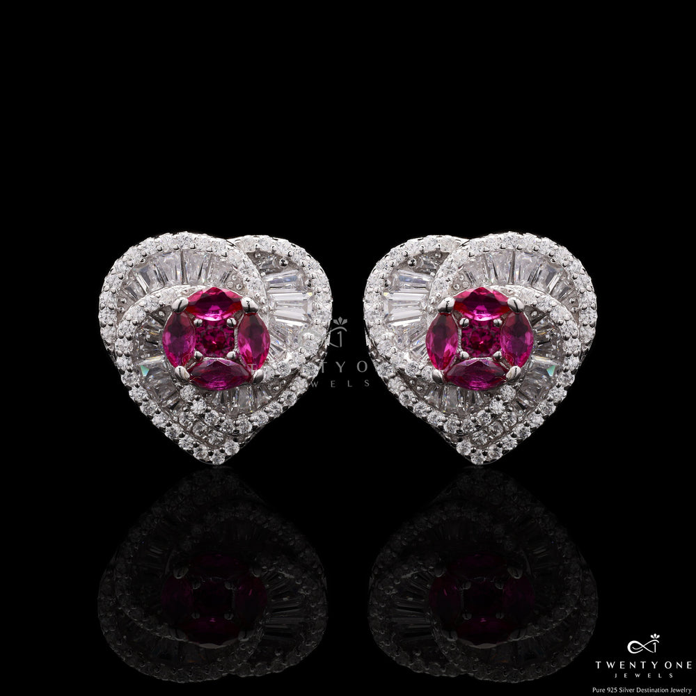 Diamond Studded Intertwined Lisa Ruby Heart Studs On 925 Silver