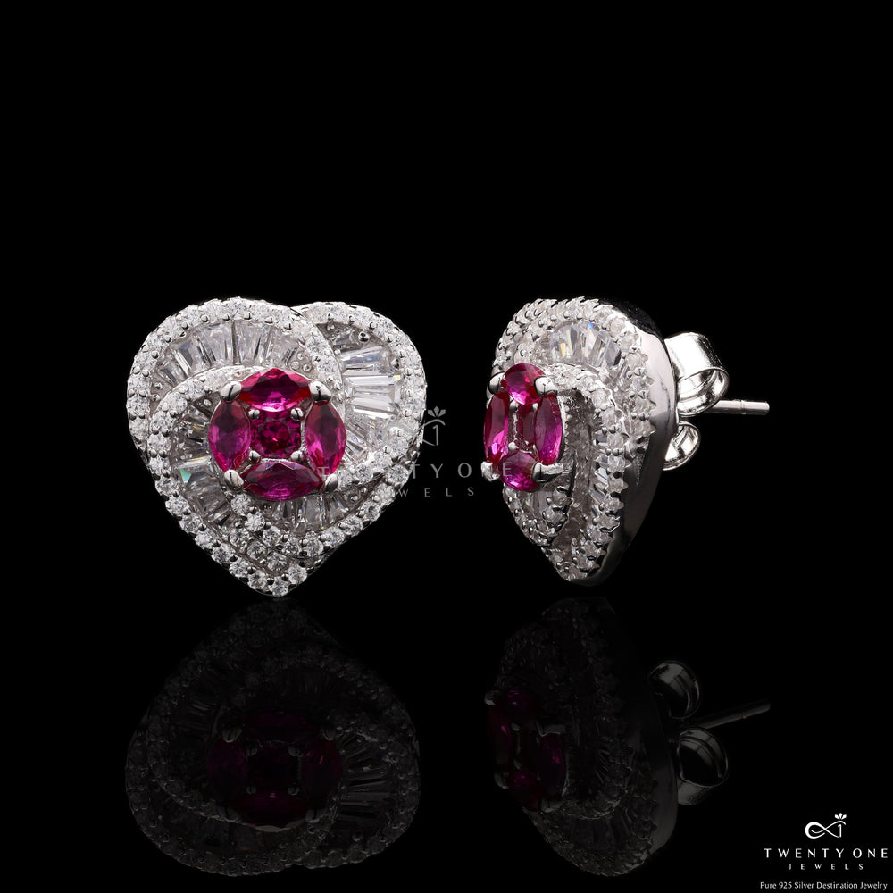 Diamond Studded Intertwined Lisa Ruby Heart Studs On 925 Silver