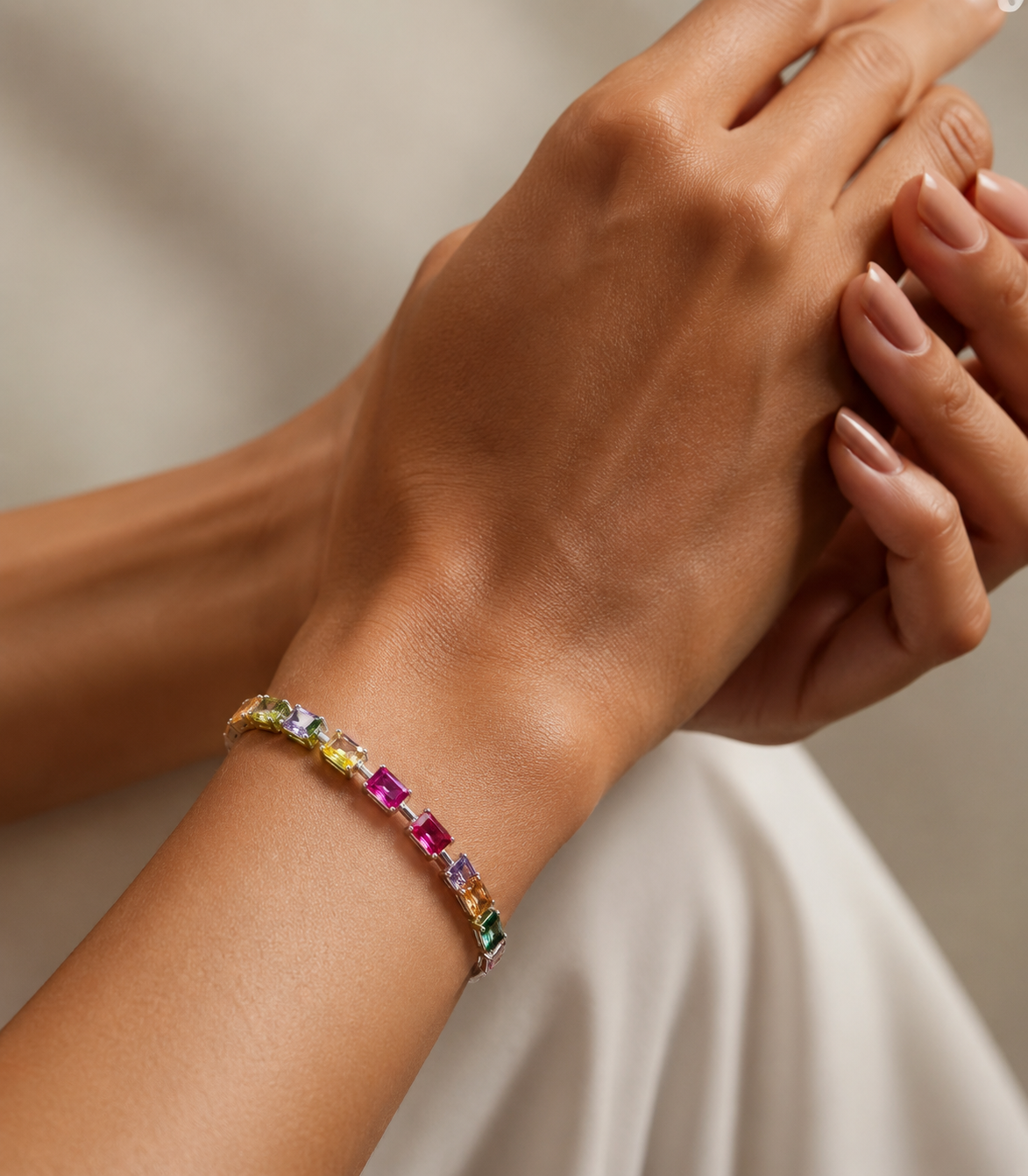 Ultra Premium Emerald Cut Solitaire Rainbow Tennis Bracelet on Pure 925 Silver