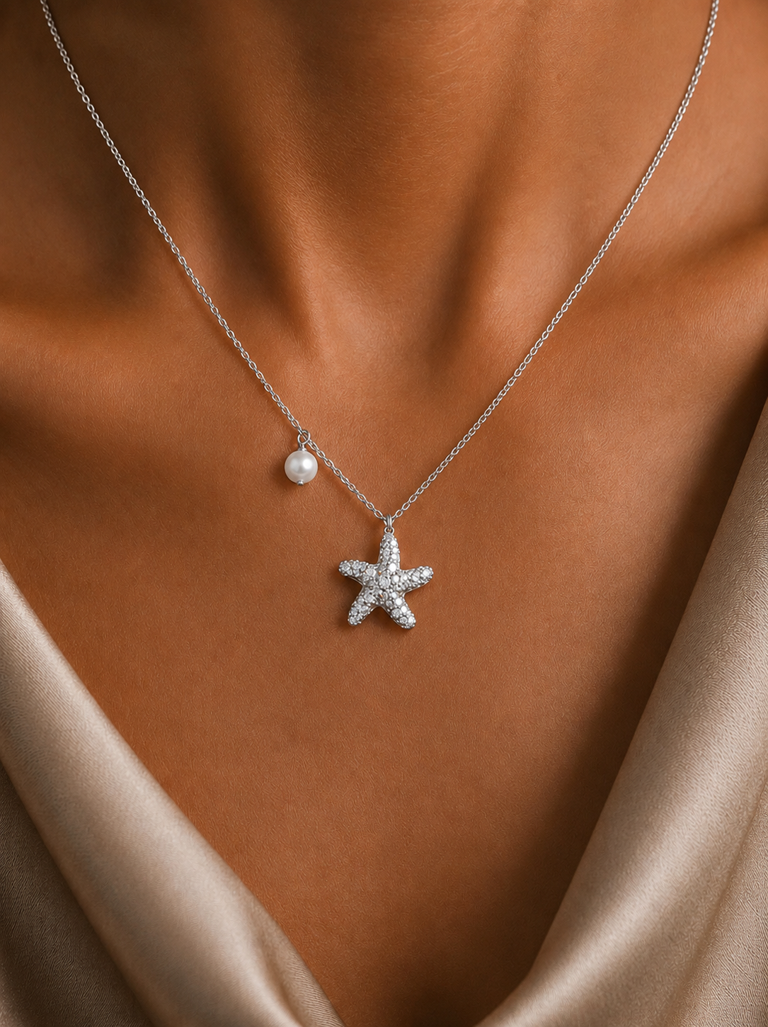 American Diamond Studded Star with Pearl Rylee Pendant with Chain on pure 925 Silver.