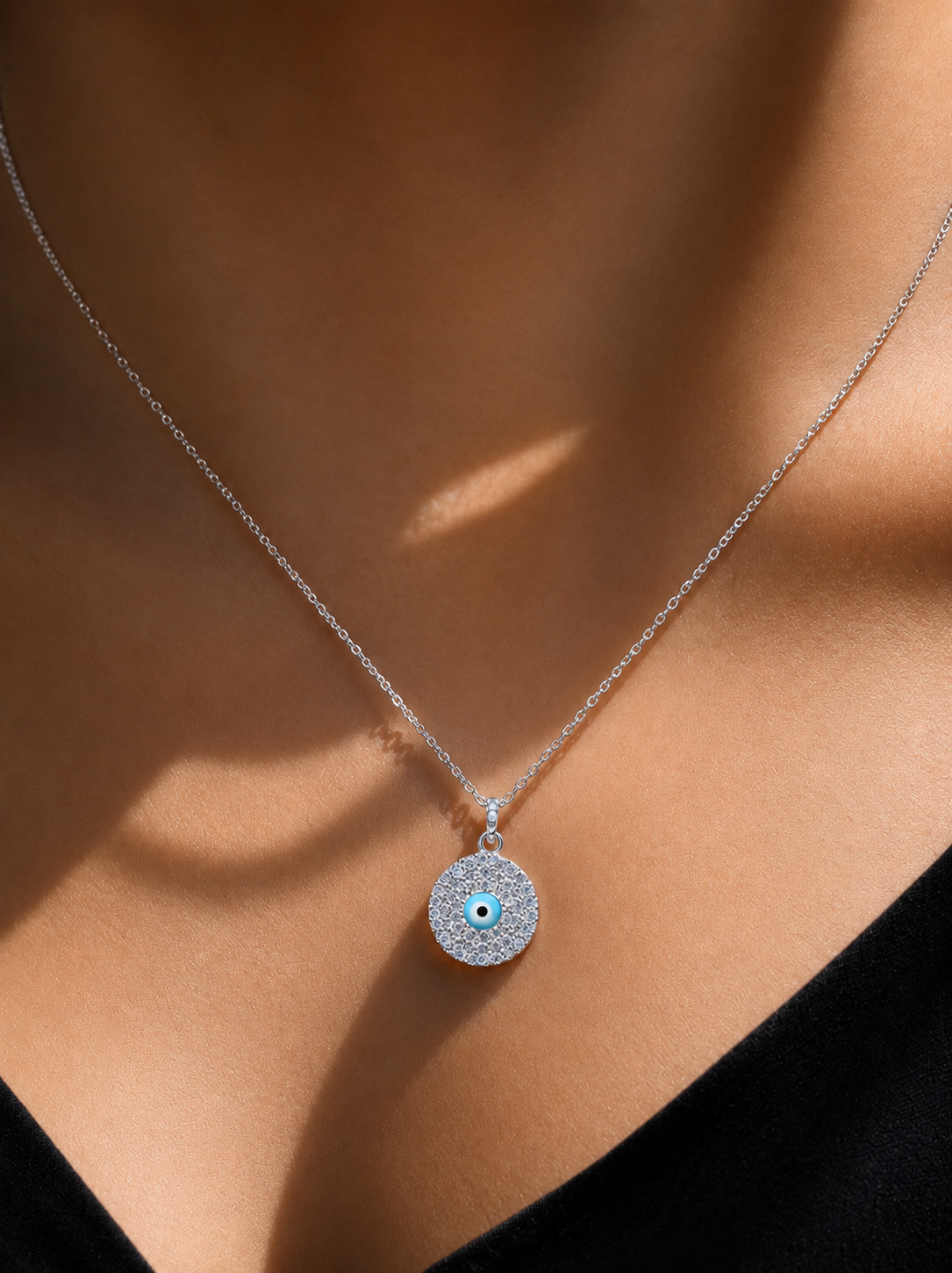 American Diamond Studded Hazel Evil Eye Pendant on Pure 925 Silver