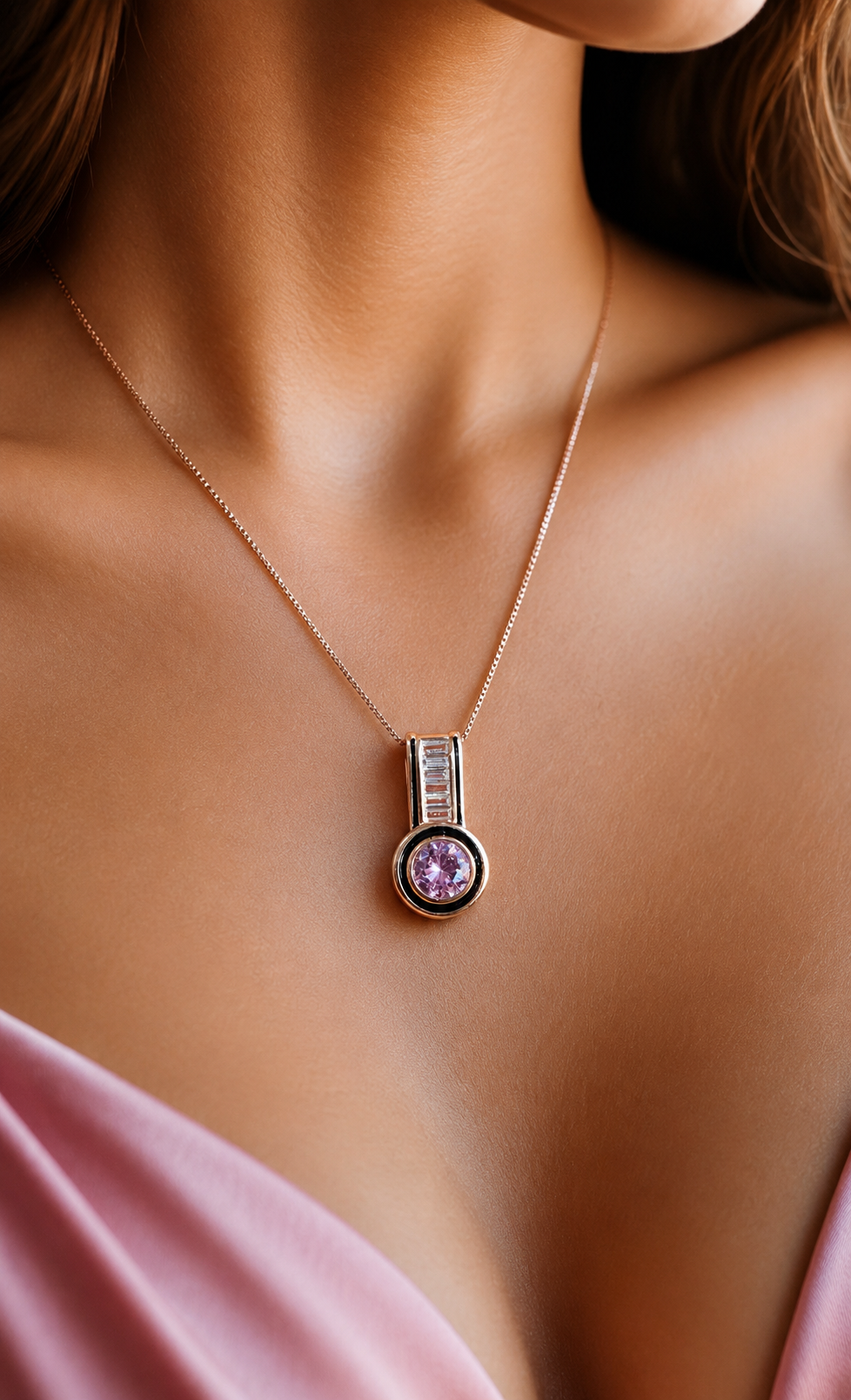 Ultra Premium Rose Gold Finish Pink Diamond Pendant Set with Black Enamel Detailing on Pure 925 Silver