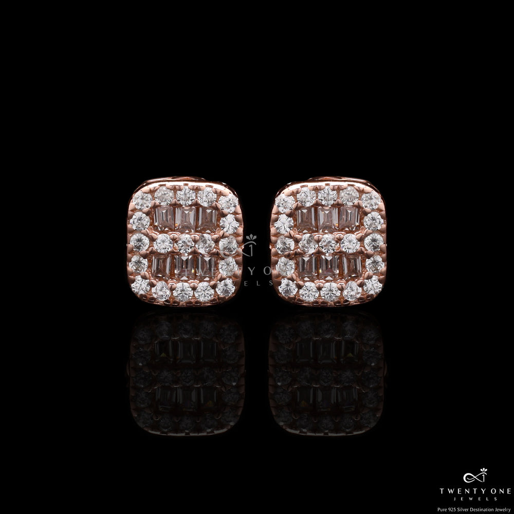 Small Rose Gold Rana Studs With Diamond Baguettes On 925 Silver