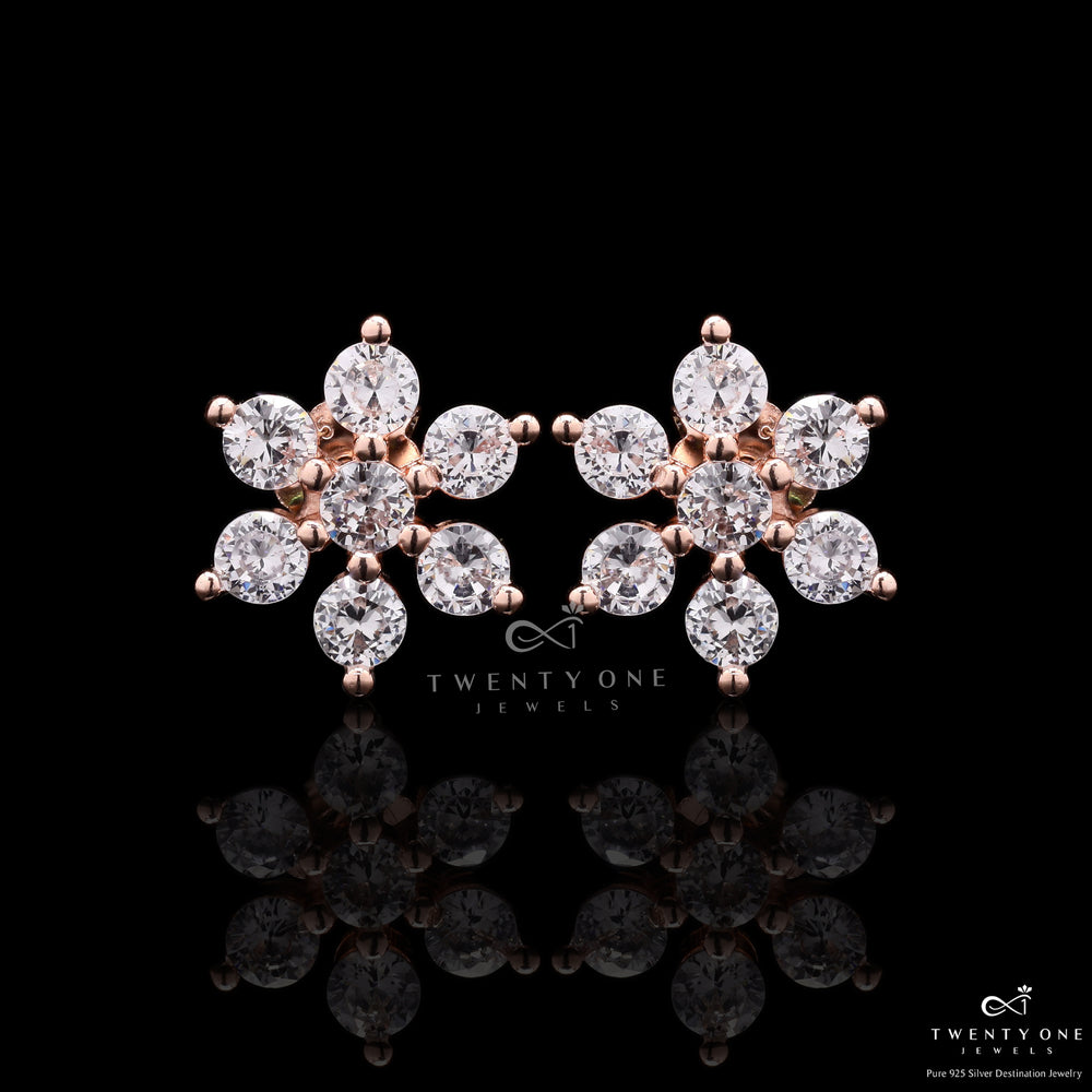 Rose Gold 7 Solitaire Classic Floral Studs on Pure 925 Silver