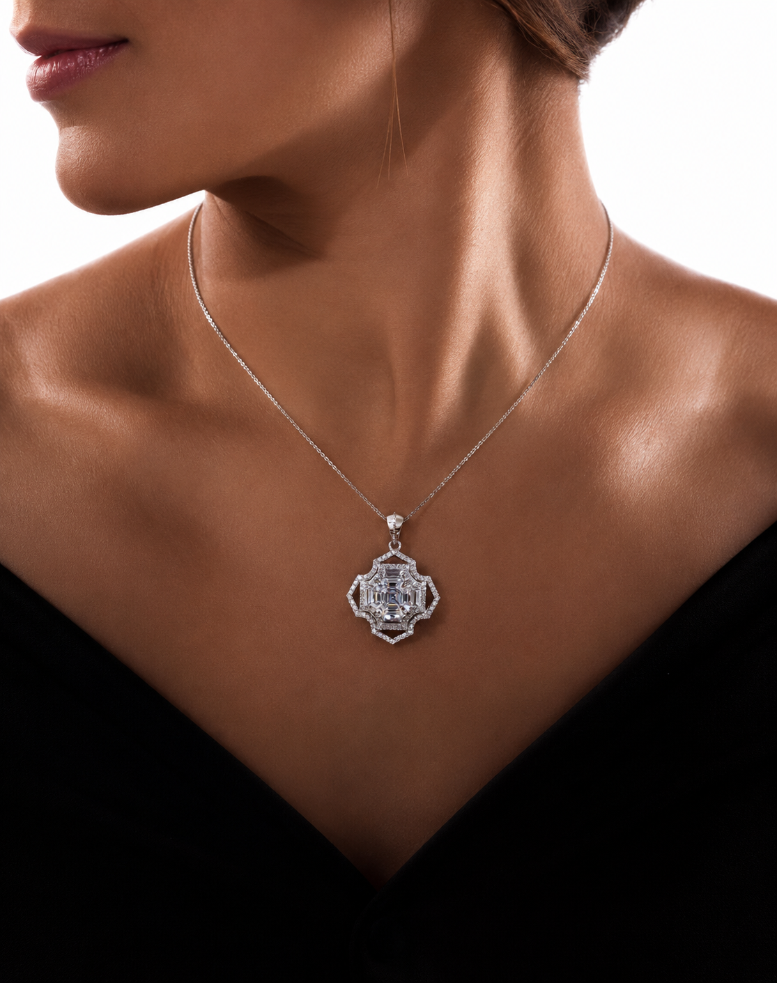 Ultra Premium Trance Asscher Cut Solitaire Pendant Set on Pure 925 Silver