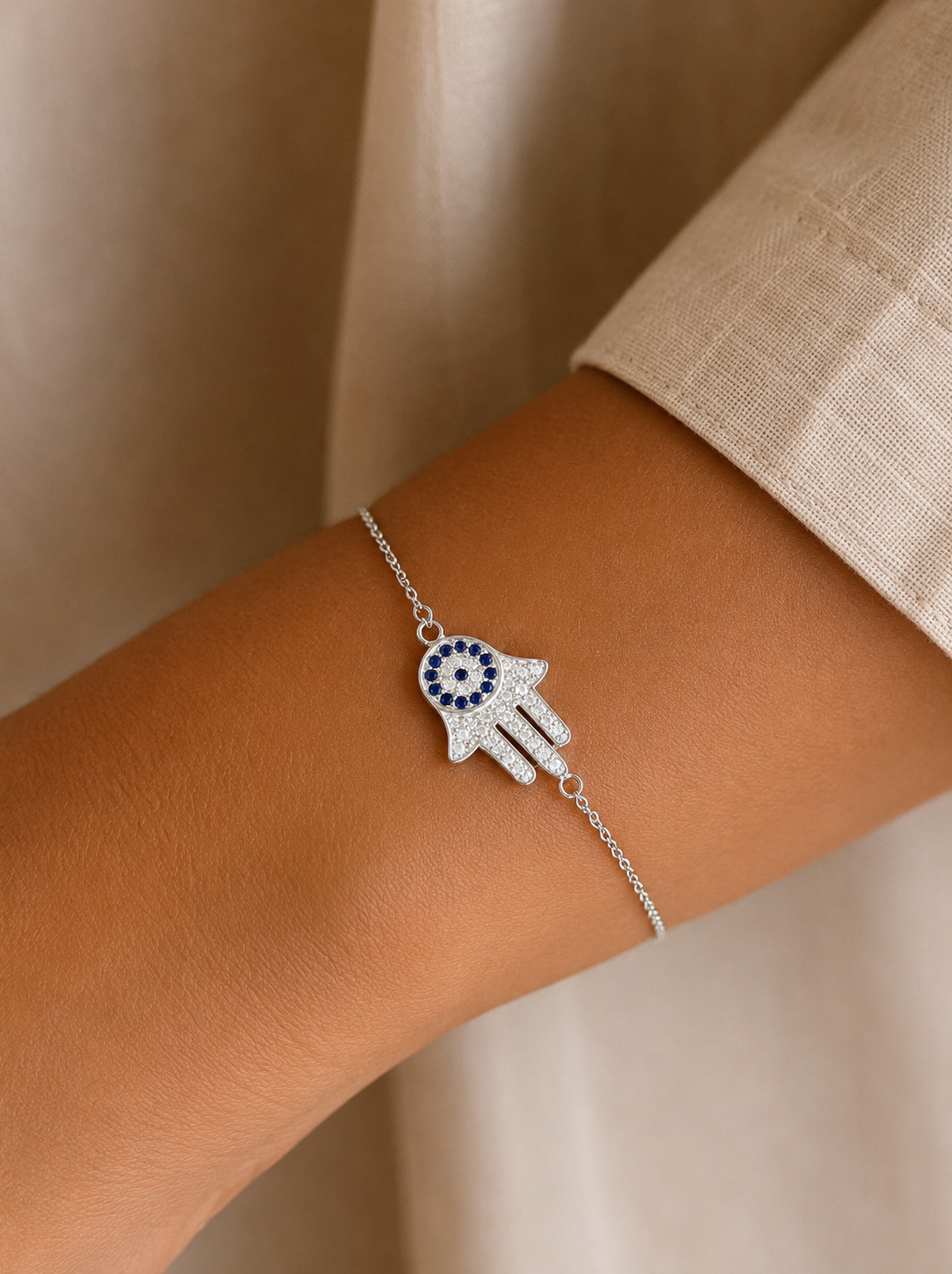 American Diamond Studded Evil Eye Hamza Bracelet on Pure 925 Silver
