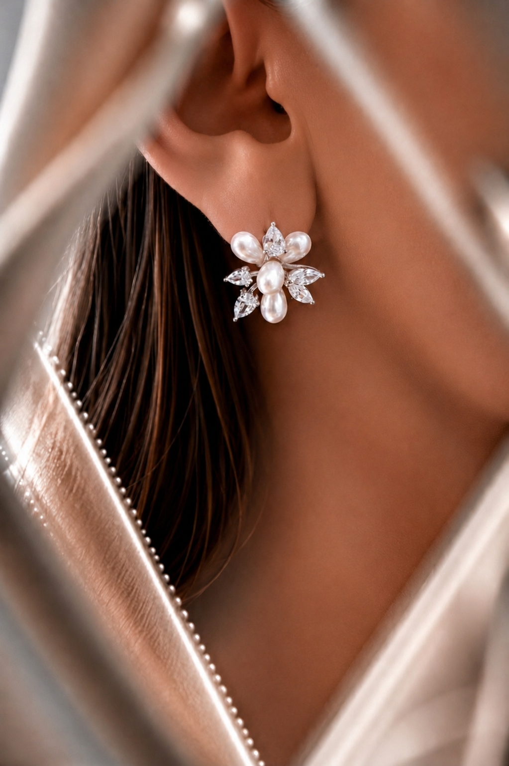 Ultra Premium Fresh Water Pearl Statement Cocktail Studs with Marquise and Drop Solitaire Diamonds on Pure 925 Silver