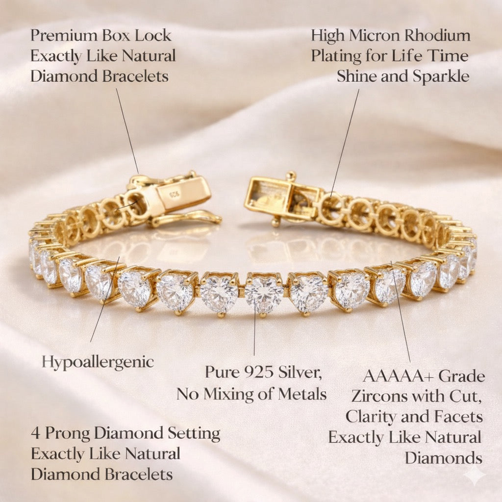 50 Pointer 18k Gold Finish Premium Heart Solitaire Tennis Bracelet on Pure 925 Silver ( 50 Cents Each Solitaire )