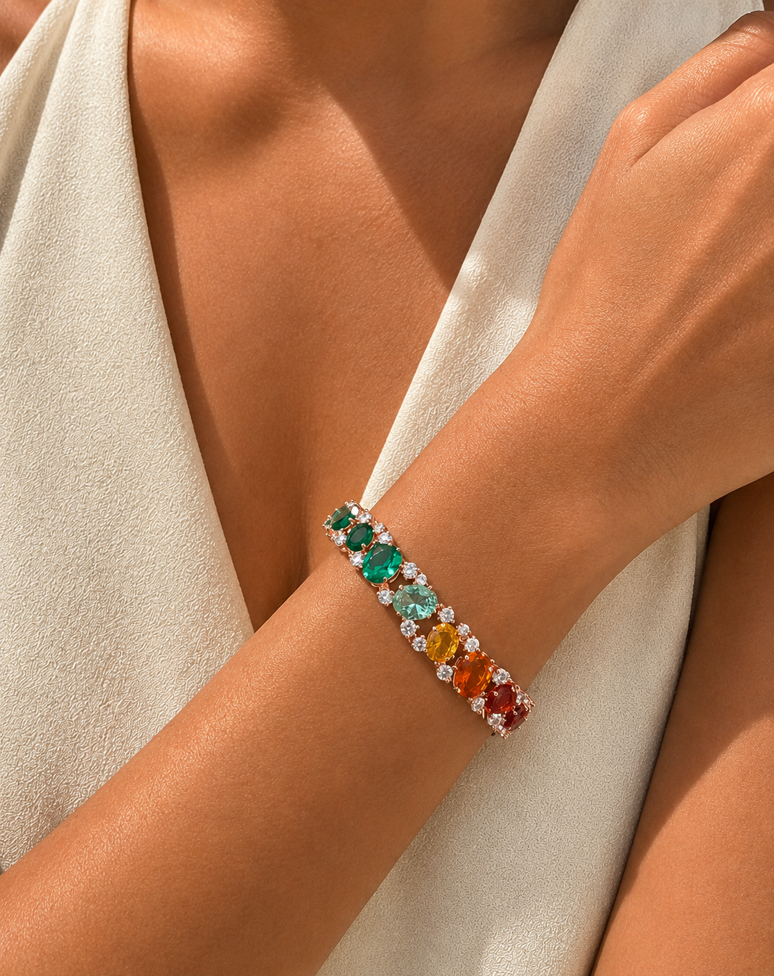 Ultra Premium Rose Gold Finish Oval Cut Solitaire Rainbow Tennis Bracelet on Pure 925 Silver
