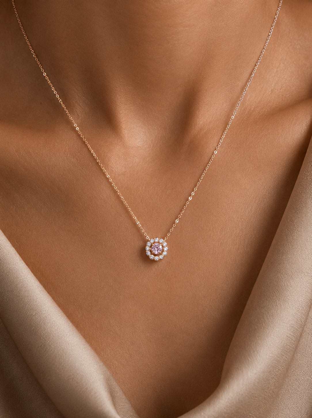Rose Gold Finish Pink Solitaire Dancing Diamond Pendant with Chain On Pure 925 Silver