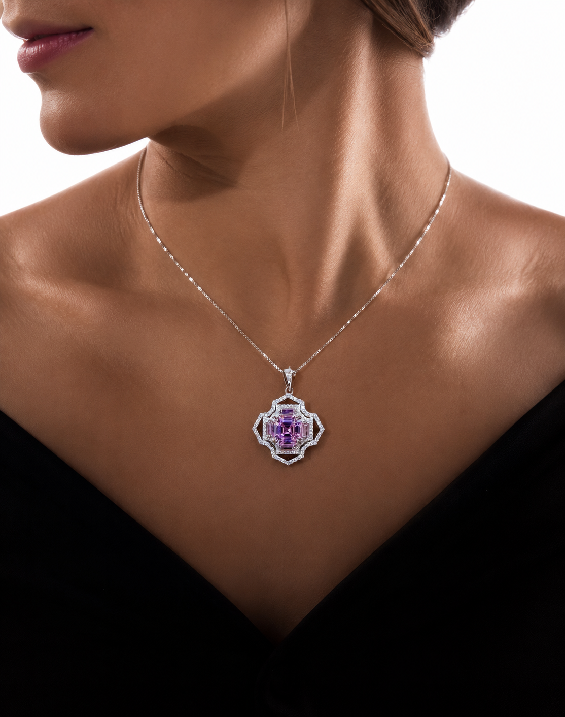 Ultra Premium Trance Pink Asscher Cut Solitaire Pendant Set on Pure 925 Silver
