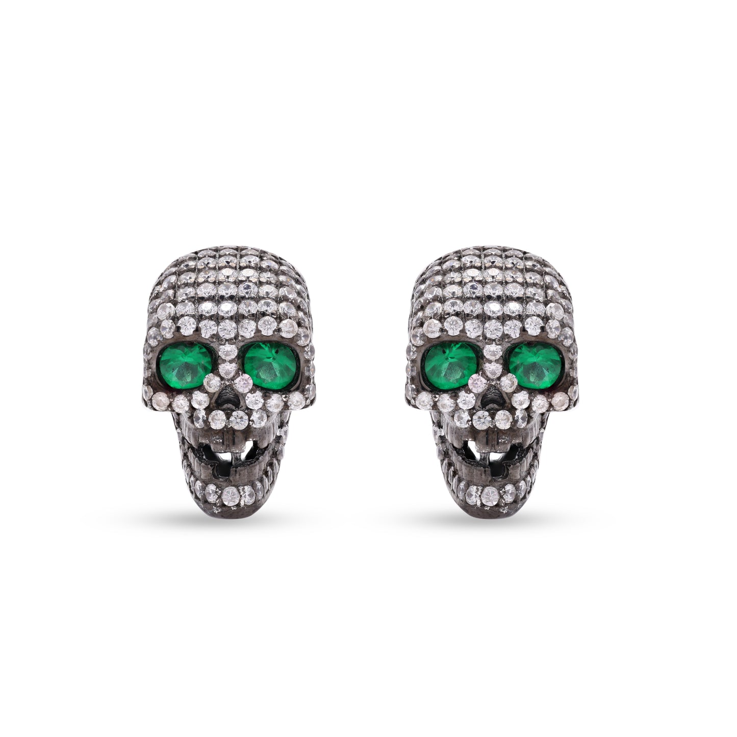 American Diamond Studded Green Emerald Skull Studs on Pure 925 Silver