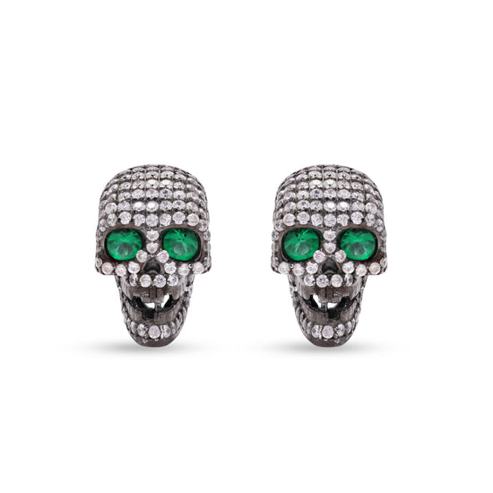American Diamond Studded Green Emerald Skull Studs on Pure 925 Silver