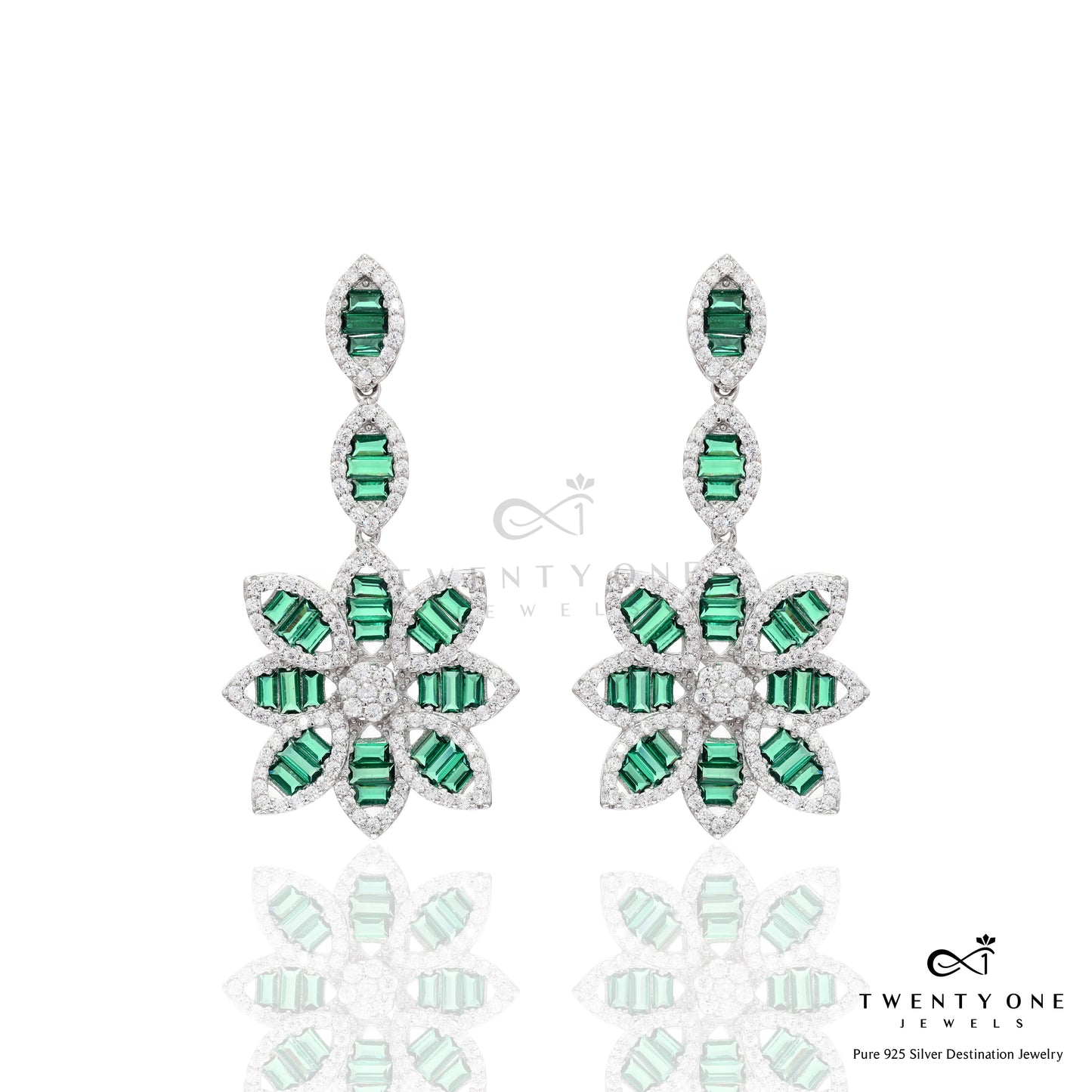 American Diamond Studded Green Emerald Baguette Aliyah Long Earrings on Pure 925 Silver.